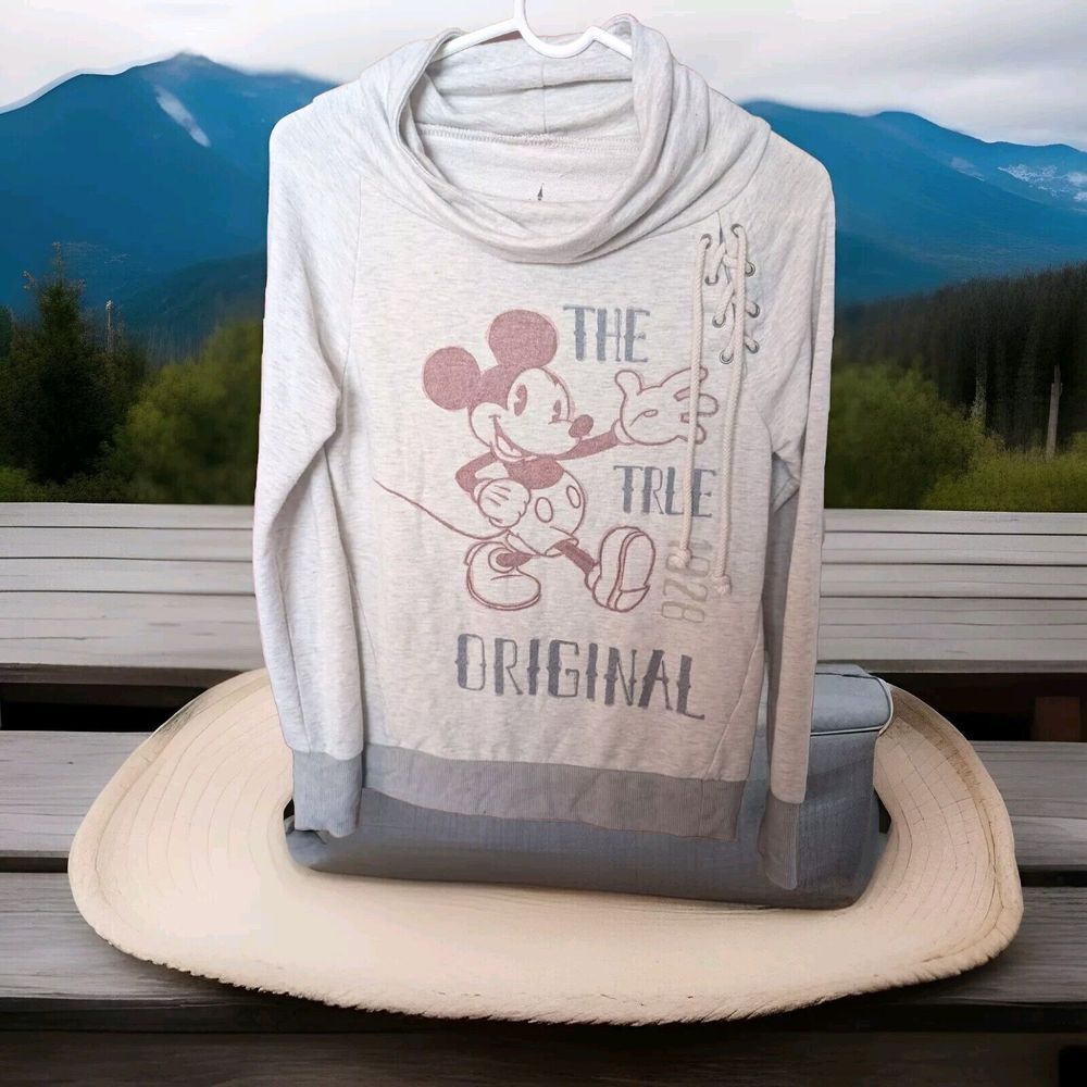 Disney Parks Women's  Cowl Neck Mickey Mouse Sweatshirt Lace Up Accent SIZE XS‎